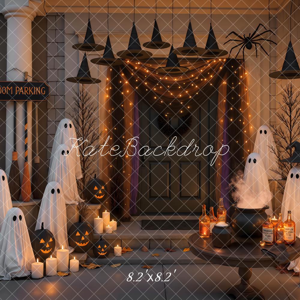 Kate Halloween Porch Ghosts Witch Hats Pumpkins Cauldron Backdrop Designed by Mini MakeBelieve