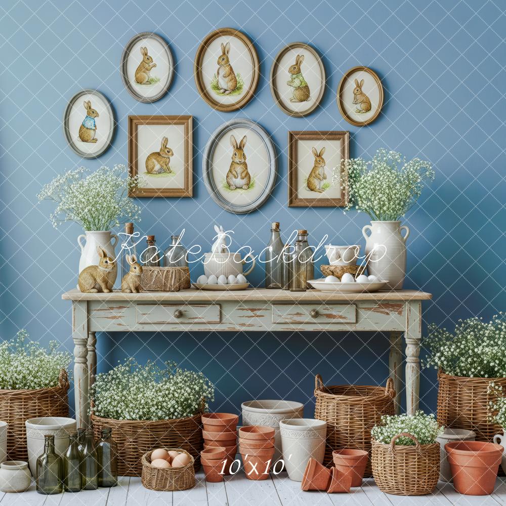 Kate Easter Bunny Blue Wall Baskets Pots Floral Decor Printed Backdrop Designed by Patty Roberts