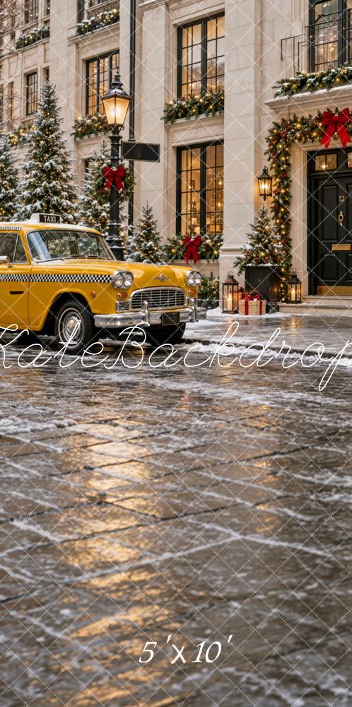 Kate Sweep Christmas Snowy City Yellow Taxi Building Printed Backdrop Designed by Patty Roberts