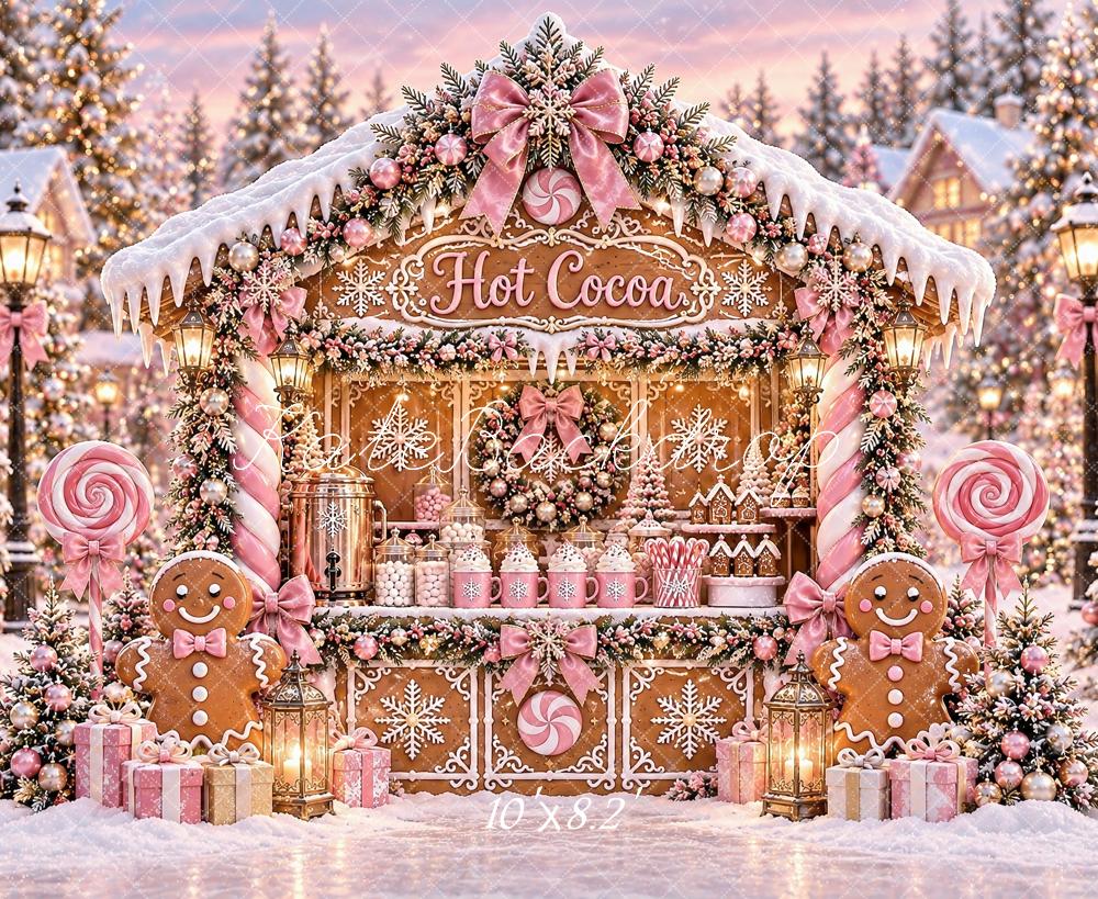 Kate Christmas Pink Gingerbread Hot Cocoa Stand Snowy Printed Backdrop Designed by Ashley Paul