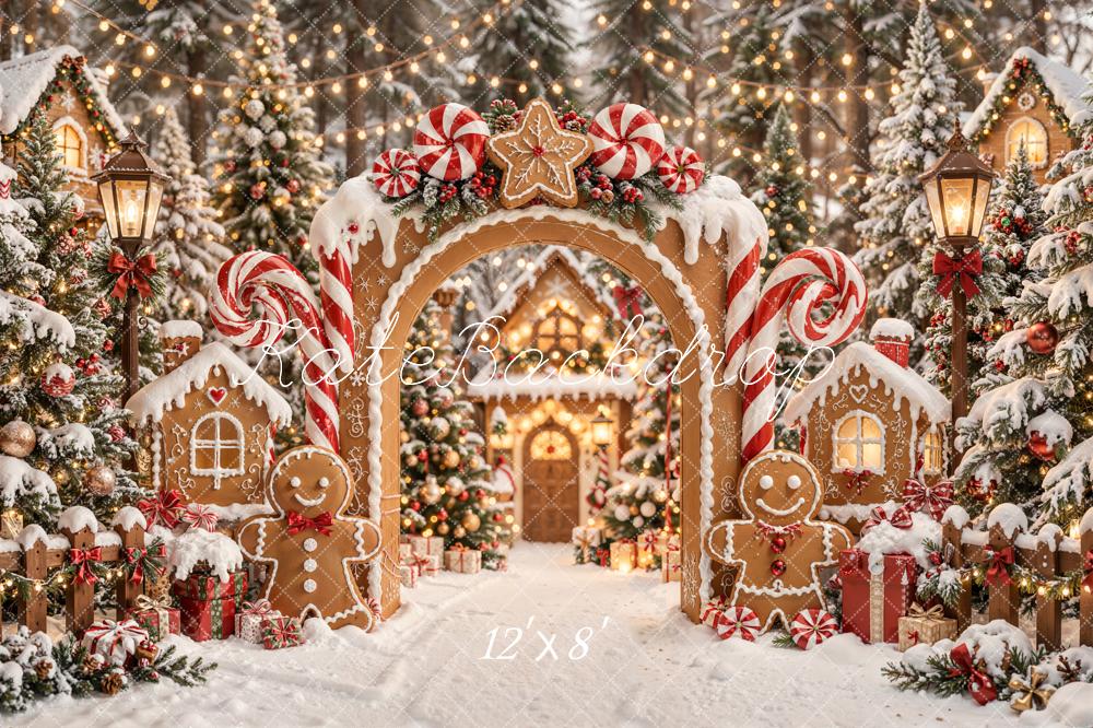 Kate Christmas Gingerbread Arch Candy Cane House Printed Backdrop Designed by Emetselch
