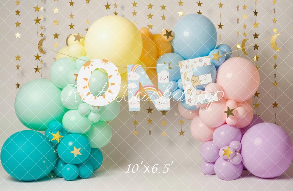 Kate Cake Smash 1st Birthday Balloon Arch Pastel Star Garland Backdrop Designed by Emetselch
