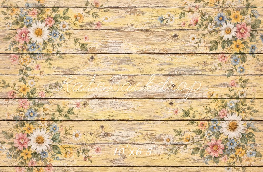 Kate Yellow Vintage Floral Wood Plank Floor Printed Backdrop Designed by Laura Bybee