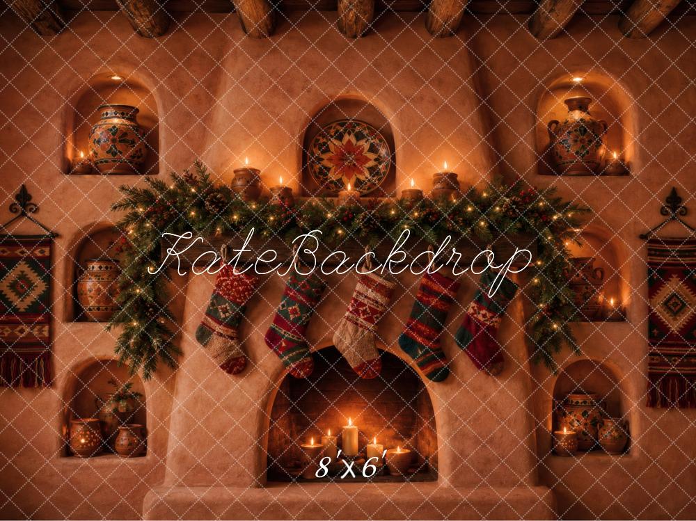 Kate Christmas Southwestern Rustic Fireplace Stockings Garland Printed Backdrop Designed by Vertigo Productions