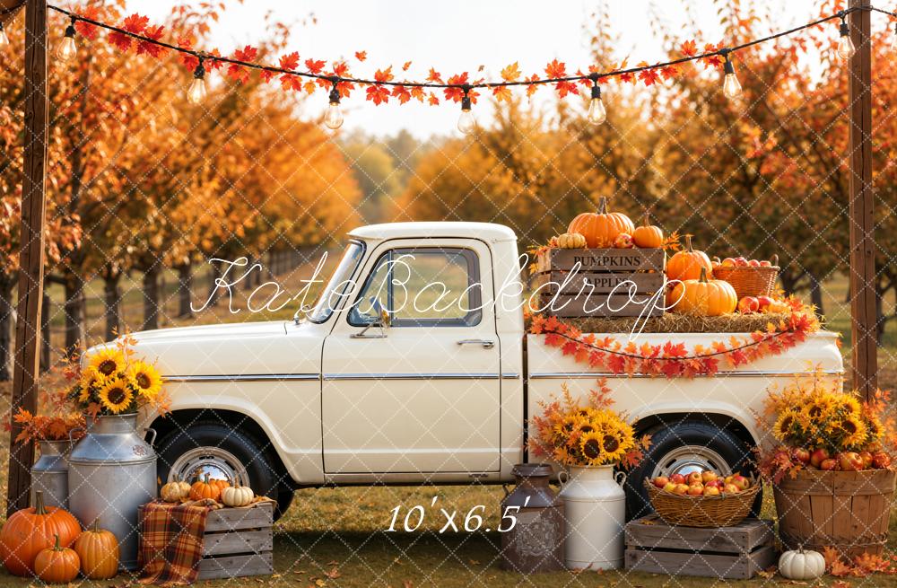 Kate Fall White Truck Pumpkins Sunflowers Maple Forest Printed Backdrop Designed by Emetselch