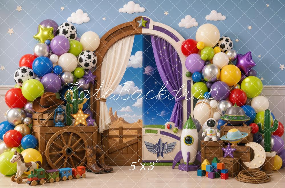 Kate Cake Smash Cowboy And Space Toys Balloon Arch Blue Wall Printed Backdrop Designed by Mini MakeBelieve