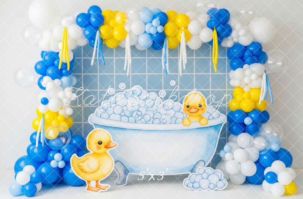 Kate Cake Smash Baby Shower Yellow Duck Bathtub Balloons Bubbles Backdrop Designed by Patty Roberts