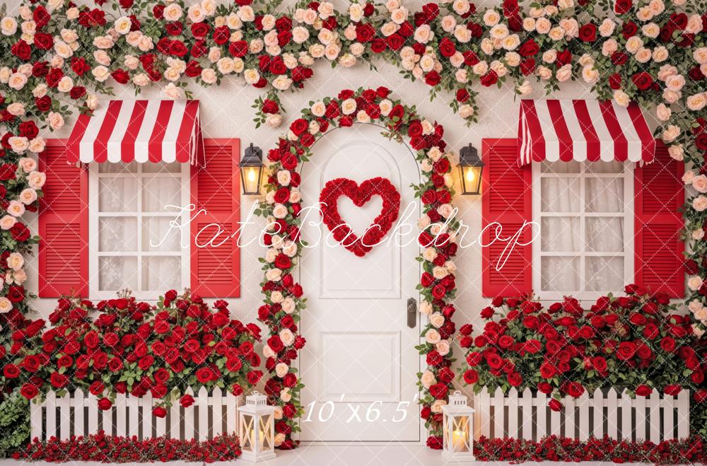 Kate Valentine's Day Red Roses Heart Door House Printed Backdrop Designed by Patty Roberts