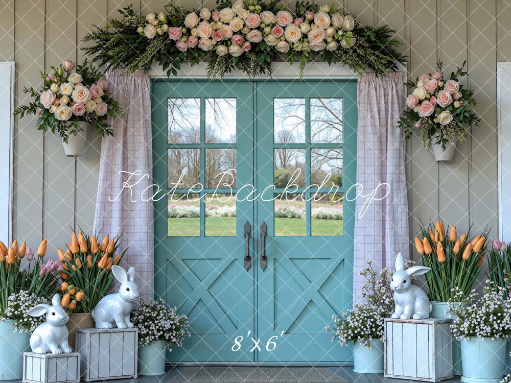 Kate Easter Bunny Blue Door Flower Arrangement Printed Backdrop Designed by Mini MakeBelieve