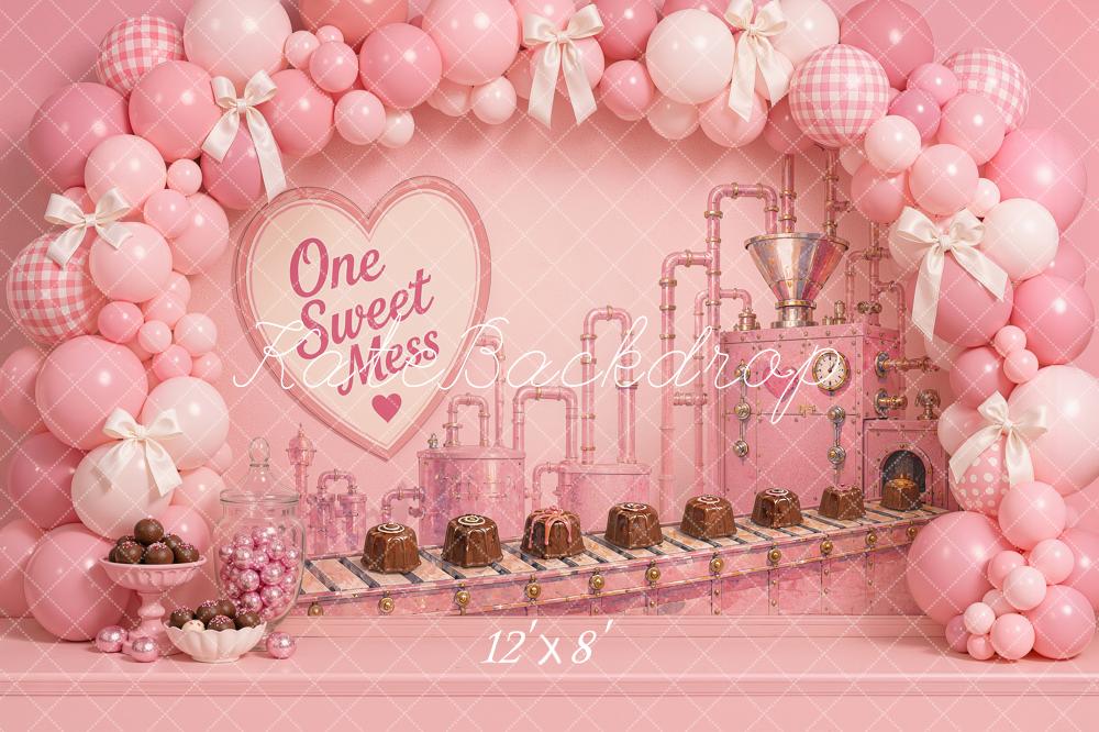 Kate Cake Smash Pink Candy Factory Balloon Arch Chocolates Printed Backdrop Designed by Ashley Ward