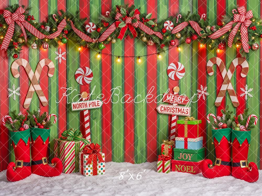 Kate Christmas Candy Cane Garland Elf Boots Striped Printed Backdrop Designed by Angela Miller
