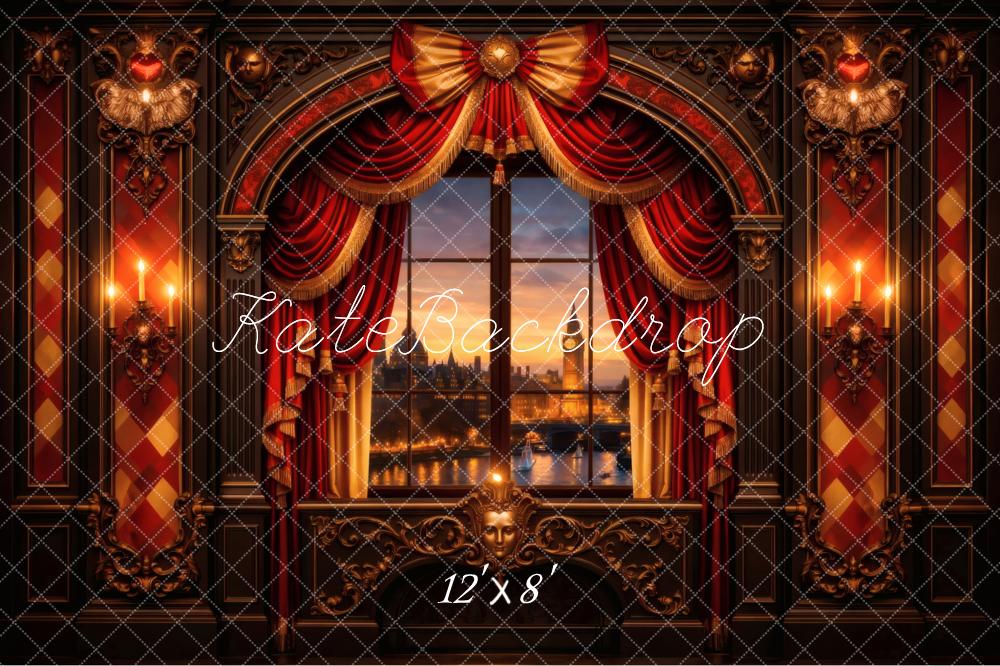 Kate Red Gold Baroque Window Curtains Candlelight Printed Backdrop Designed by Vertigo Productions