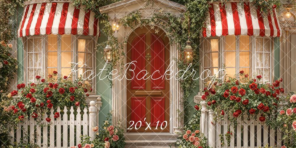 Kate Valentine's Day Red Striped Awning Door Rose Garden Porch Backdrop Designed by Emetselch