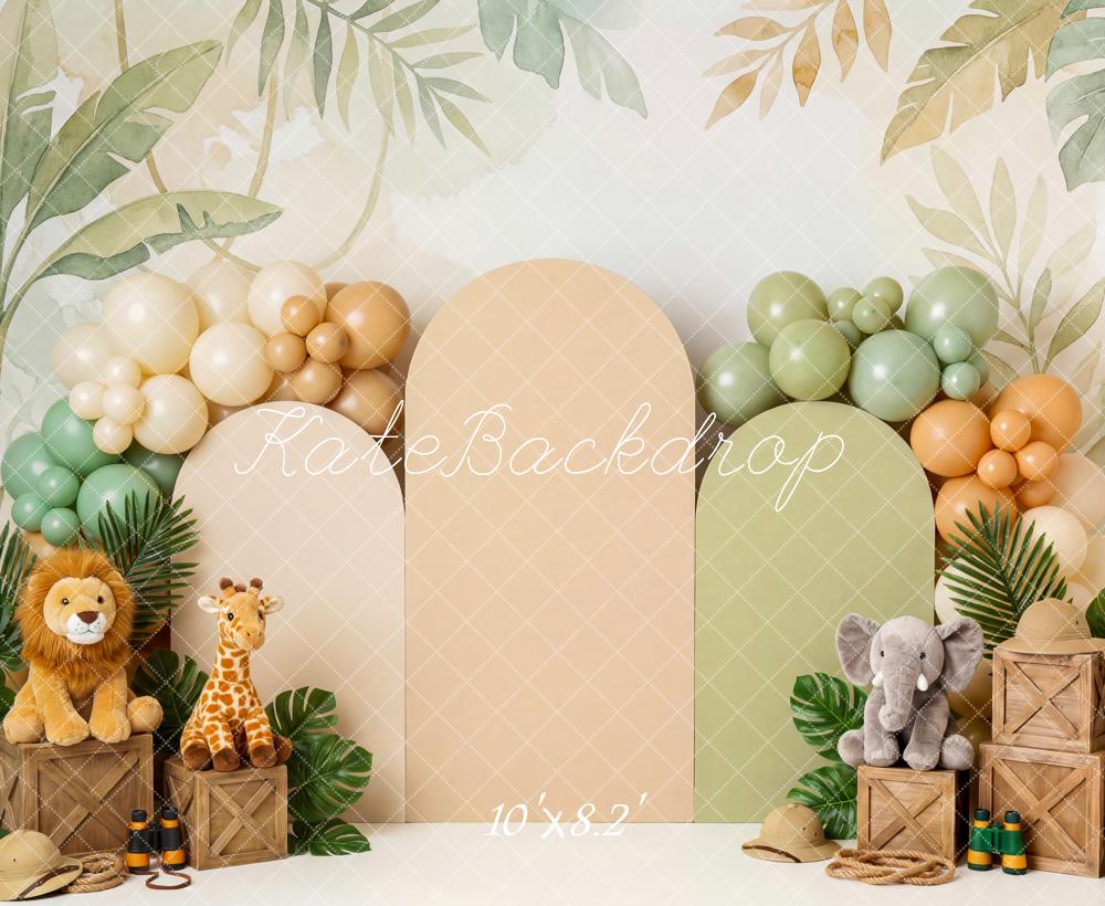 Kate Cake Smash Jungle Safari Animals Leaves Balloons Crates Printed Backdrop Designed by Patty Roberts