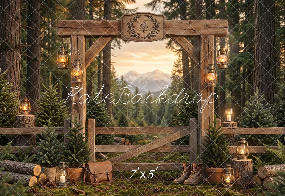 Kate Hiking Forest Wooden Arch Pine Trees Lanterns Printed Backdrop Designed by Emetselch