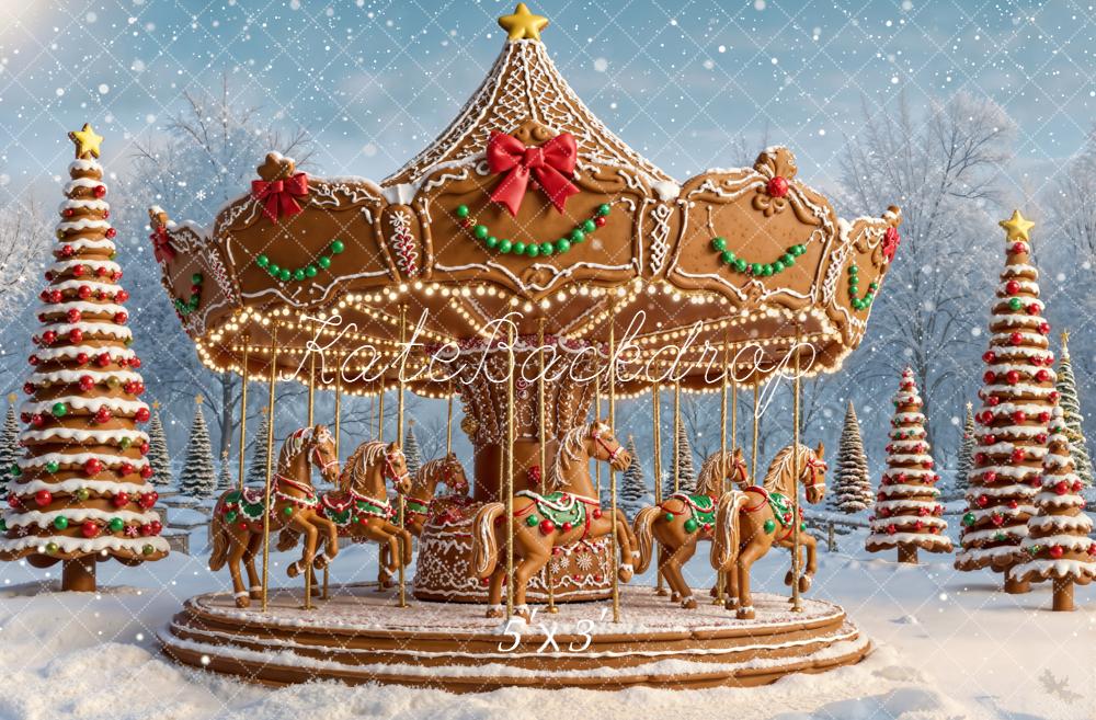 Kate Christmas Carousel Gingerbread Horses Snowy Trees Backdrop Designed by Emetselch