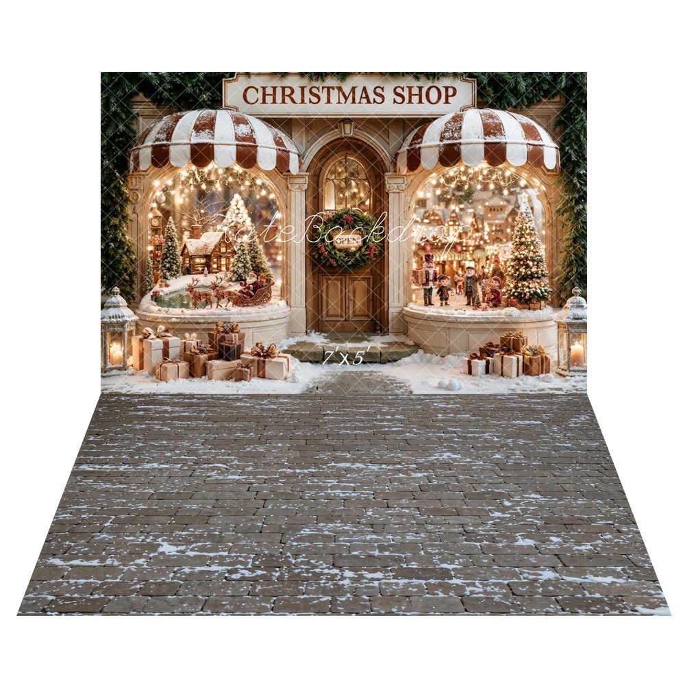 Kate Christmas Shop Window Santa Sleigh Snow Gifts Printed Backdrop+Cobblestone Snow Floor Printed Backdrop