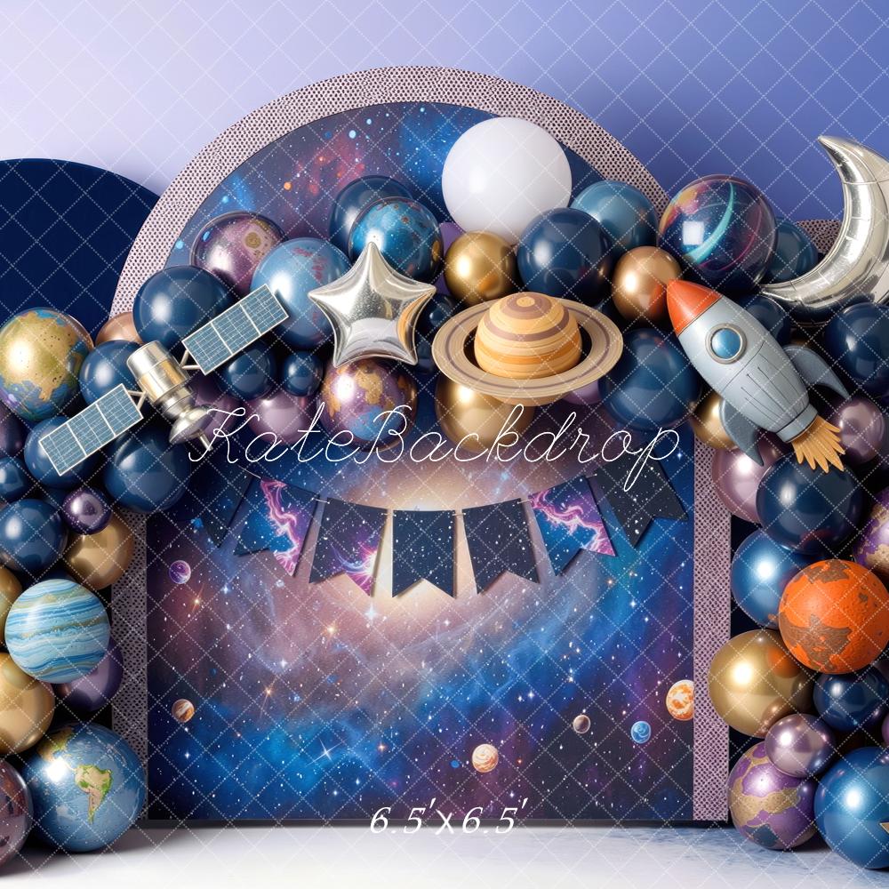 Kate Birthday Space Balloon Arch Planets Rocket Moon Printed Backdrop Designed by Mini MakeBelieve