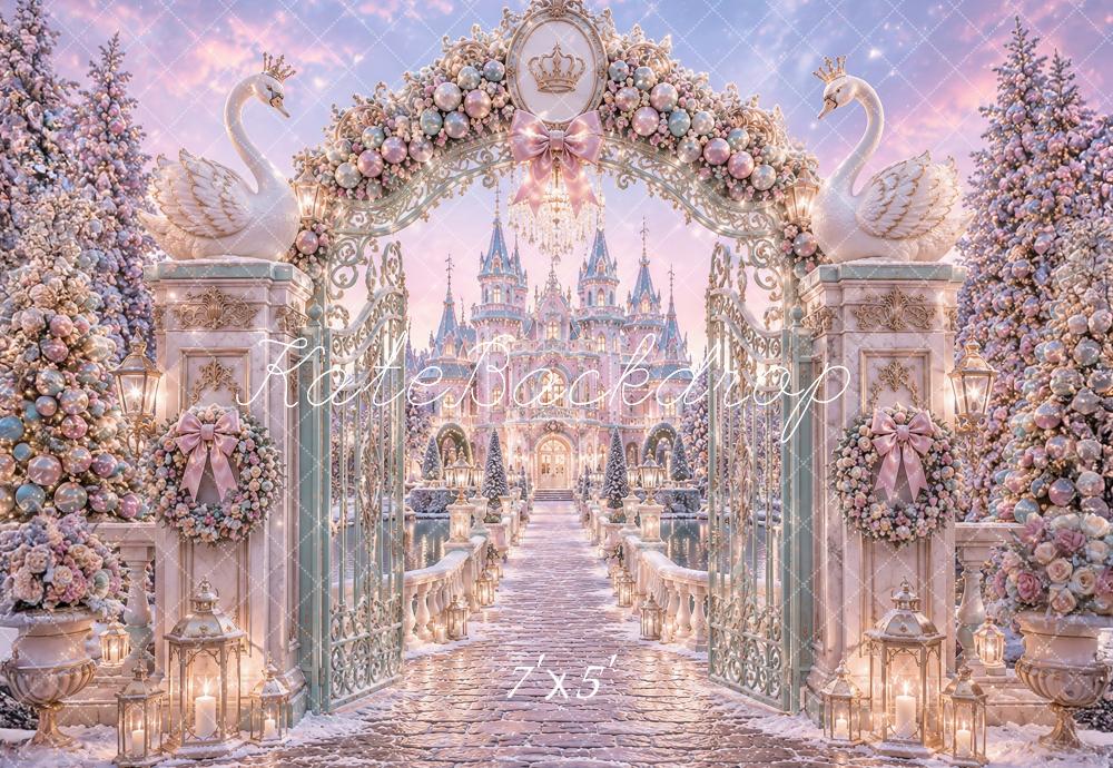 Kate Christmas Swan Princess Castle Gate Flower Arch Path Printed Backdrop Designed by Ashley Paul