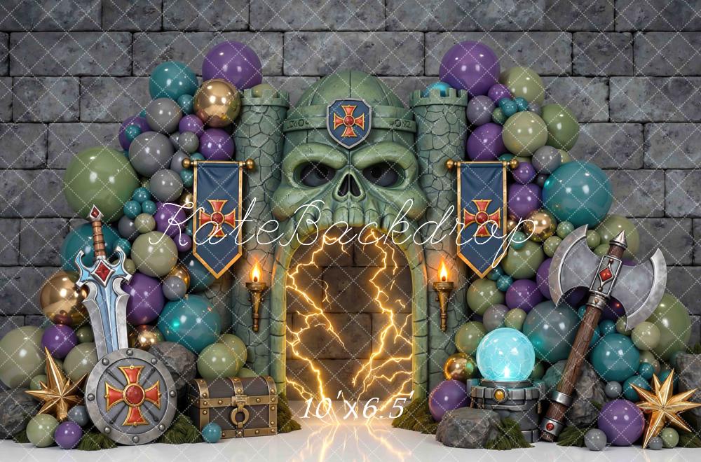 Kate Fantasy Skull Castle Balloons Medieval Weapons Stone Printed Backdrop Designed by Mini MakeBelieve