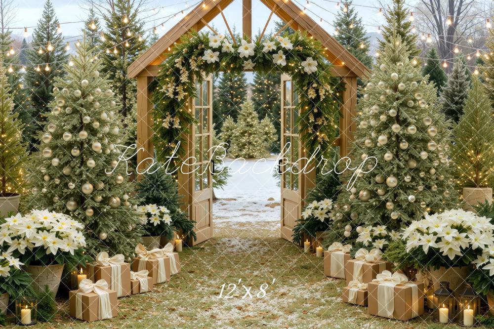 Kate Christmas Rustic Wood Arch Christmas Tree Presents Poinsettia Printed Backdrop Designed by Mini MakeBelieve