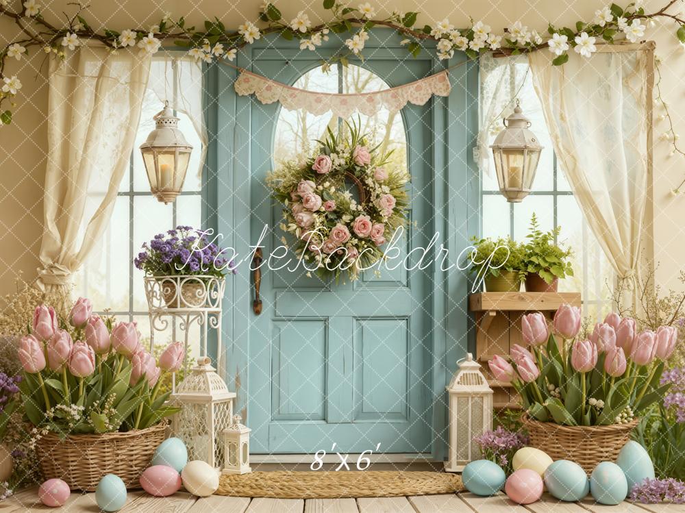 Kate Easter Blue Door Flower Wreath Pastel Eggs Curtains Backdrop Designed by Emetselch
