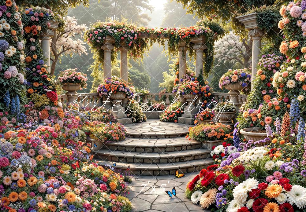 Kate Spring Flower Arch Cascading Stairs Garden Printed Backdrop Designed by Mini MakeBelieve