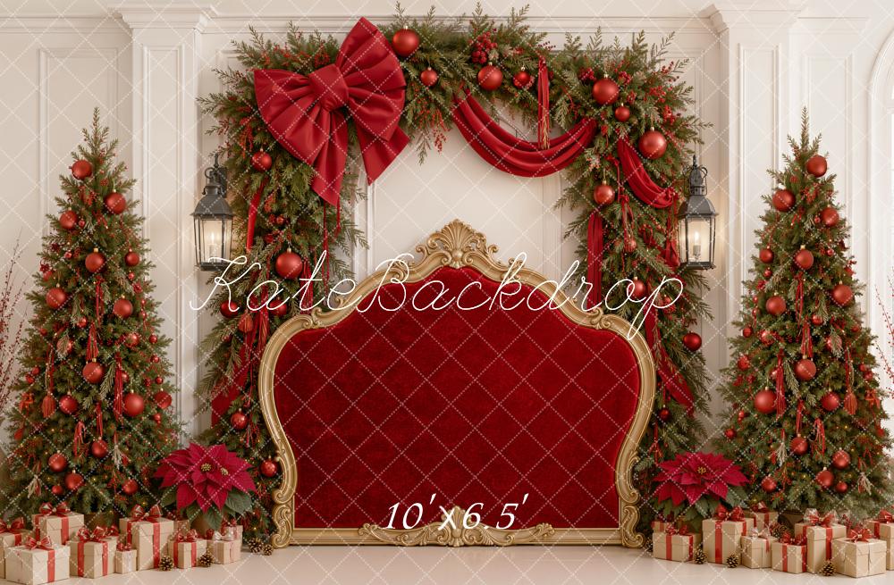 Kate Christmas Headboard Red Velvet Bow Garland Trees Printed Backdrop Designed by Emetselch