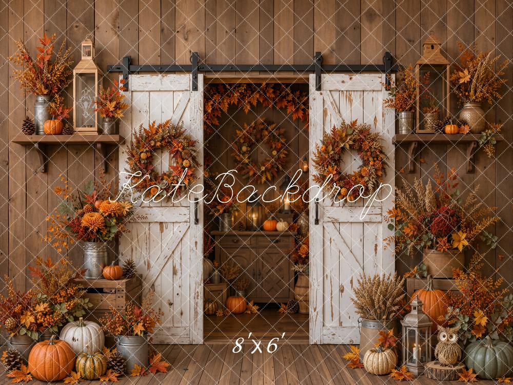 Kate Fall Barn Door Flowers Pumpkins Wreath Rustic Wood Printed Backdrop Designed by Emetselch