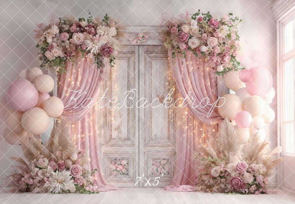 Kate Valentine Flower Balloons Drapes Vintage Doors Pink Backdrop Designed by Ashley Paul