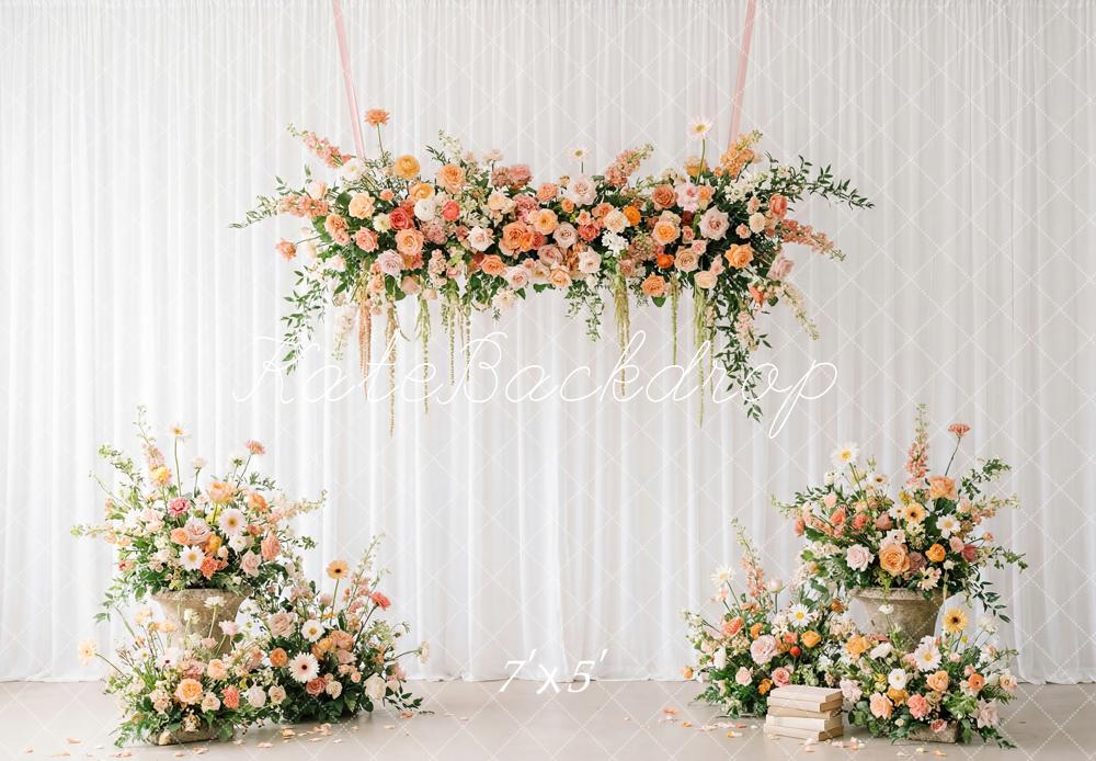 Kate Spring Flower Arch Peach and White Floral Arrangement Printed Backdrop Designed by Patty Roberts