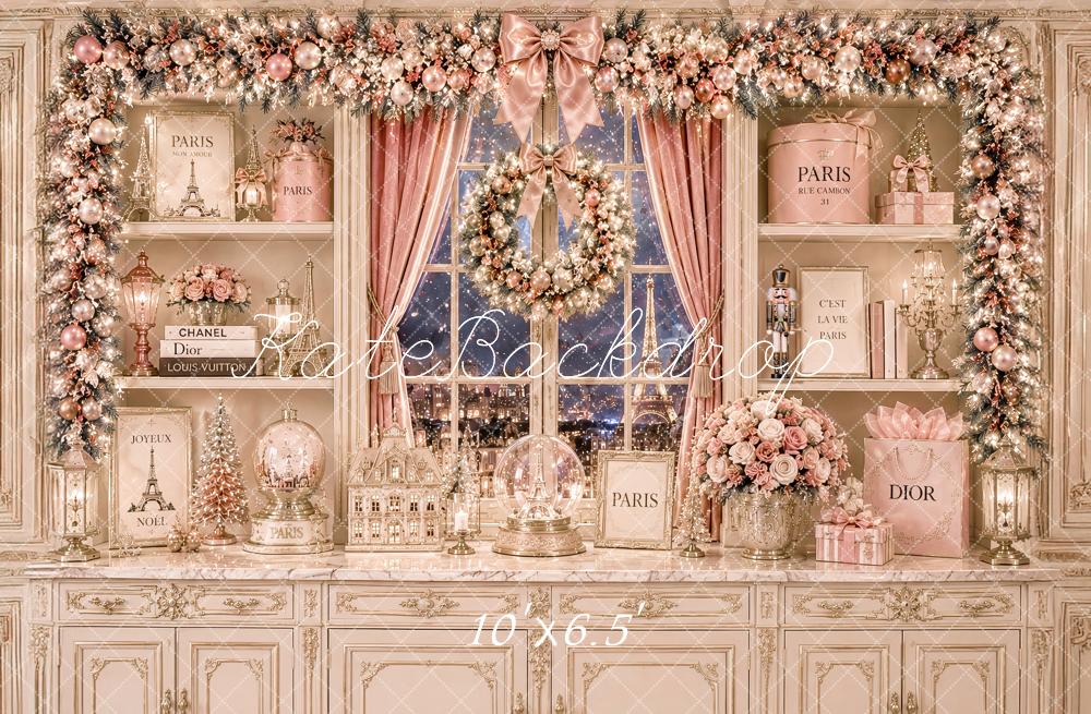 Kate Christmas Pink Paris Kitchen Cabinet Elegant Printed Backdrop Designed by Ashley Paul