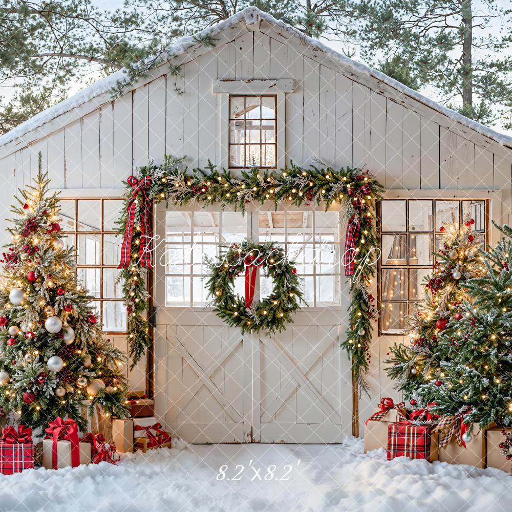Kate Christmas White Door Snowy House Trees Garland Gifts Backdrop Designed by Emetselch