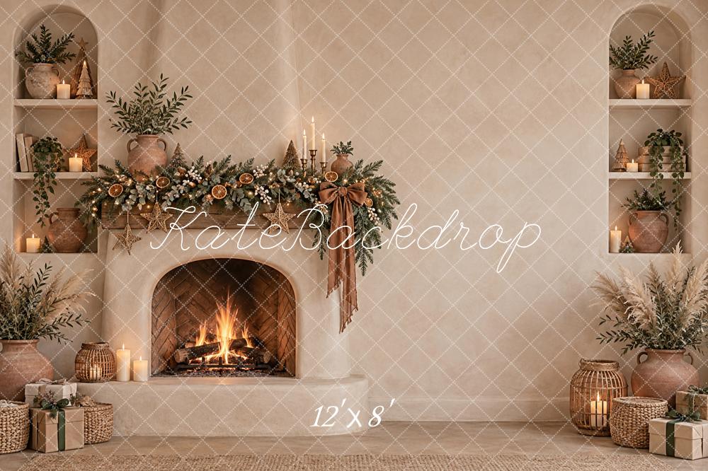 Kate Christmas Boho Beige Fireplace Garland Neutral Mantel Printed Backdrop Designed by Vertigo Productions