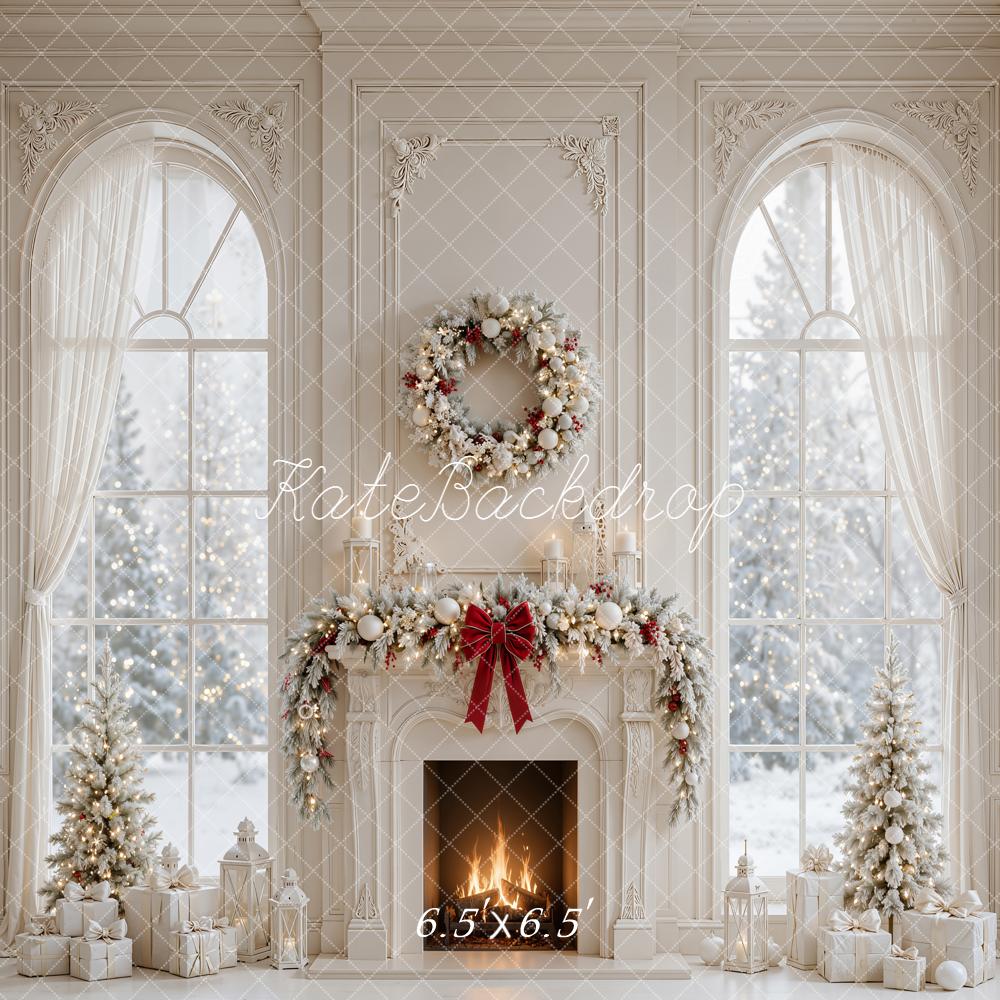 Kate Christmas Fireplace Wreath Trees Window Presents White Printed Backdrop Designed by Emetselch