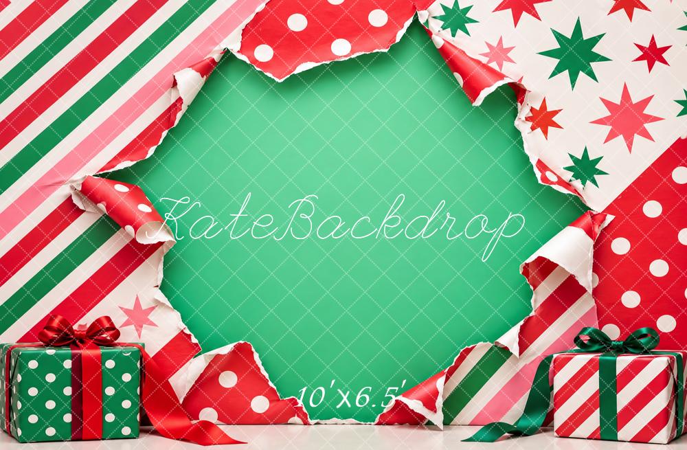 Kate Christmas Torn Wrapping Paper Gift Boxes Green Printed Backdrop Designed by Vertigo Productions
