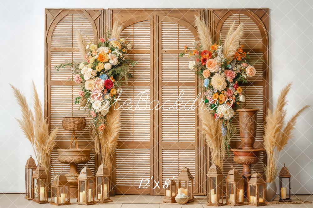 Kate Boho Pampas Grass Shutter Panel Lanterns Flowers Backdrop Designed by Emetselch