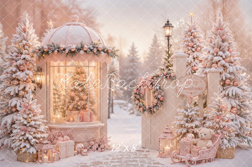 Kate Christmas Pink Gazebo Snowy Christmas Trees Gifts Sleigh Printed Backdrop Designed by Emetselch