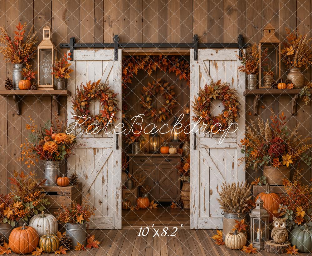 Kate Fall Barn Door Flowers Pumpkins Wreath Rustic Wood Printed Backdrop Designed by Emetselch
