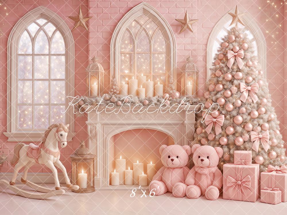 Kate Christmas Tree Fireplace Teddy Bear Pink Backdrop Designed by Ashley Paul