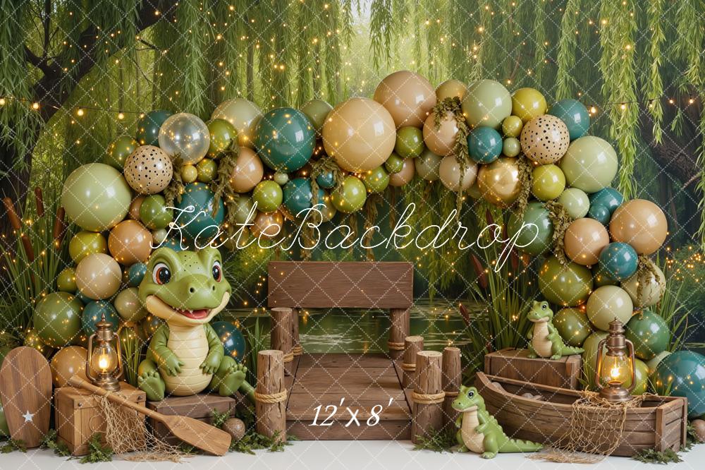 Kate Cake Smash Jungle Gator Dock Balloon Arch Printed Backdrop Designed by Mini MakeBelieve