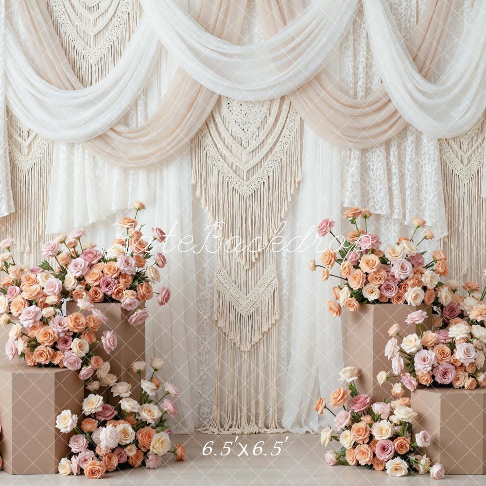 Kate Mother's Day Boho Flower Arch Macrame Beige Drapes Backdrop Designed by Mini MakeBelieve