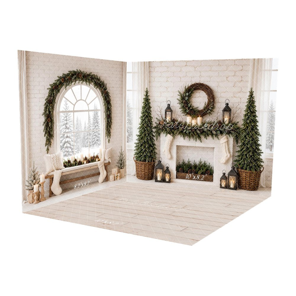 Kate Christmas Fireplace White Minimalist Pine Trees Wreath Lanterns Printed Backdrop Room Set