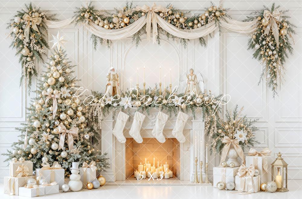 Kate Christmas White Gold Tree Mantel Fireplace Garland Printed Backdrop Designed by Mini MakeBelieve