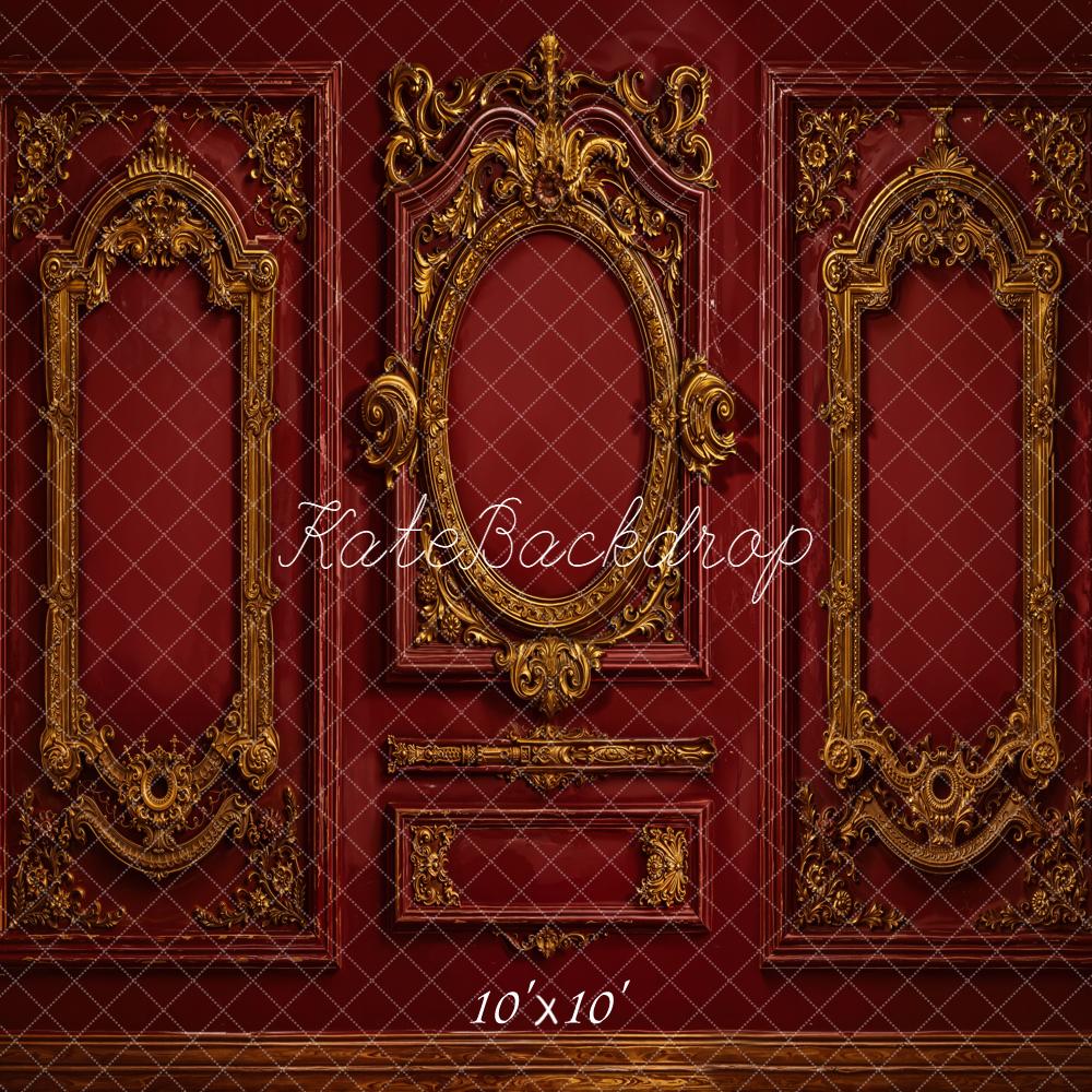 Kate Vintage Ornate Gold Frame Red Wall Backdrop Designed by Emetselch
