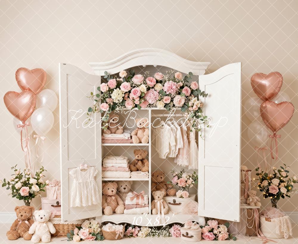 Kate Valentine's Day Teddy Bear Floral Wardrobe Pink Heart Balloon Printed Backdrop Designed by Patty Roberts