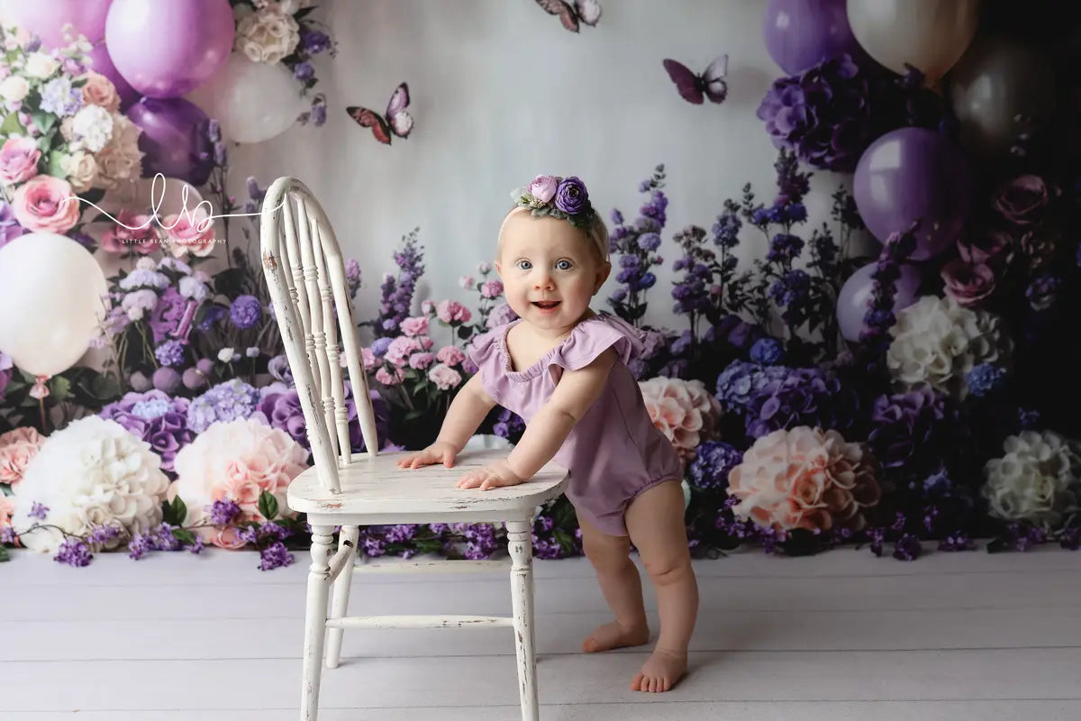 Kate Cake Smash Spring Floral Balloons Butterfly Backdrop Designed by Emetselch