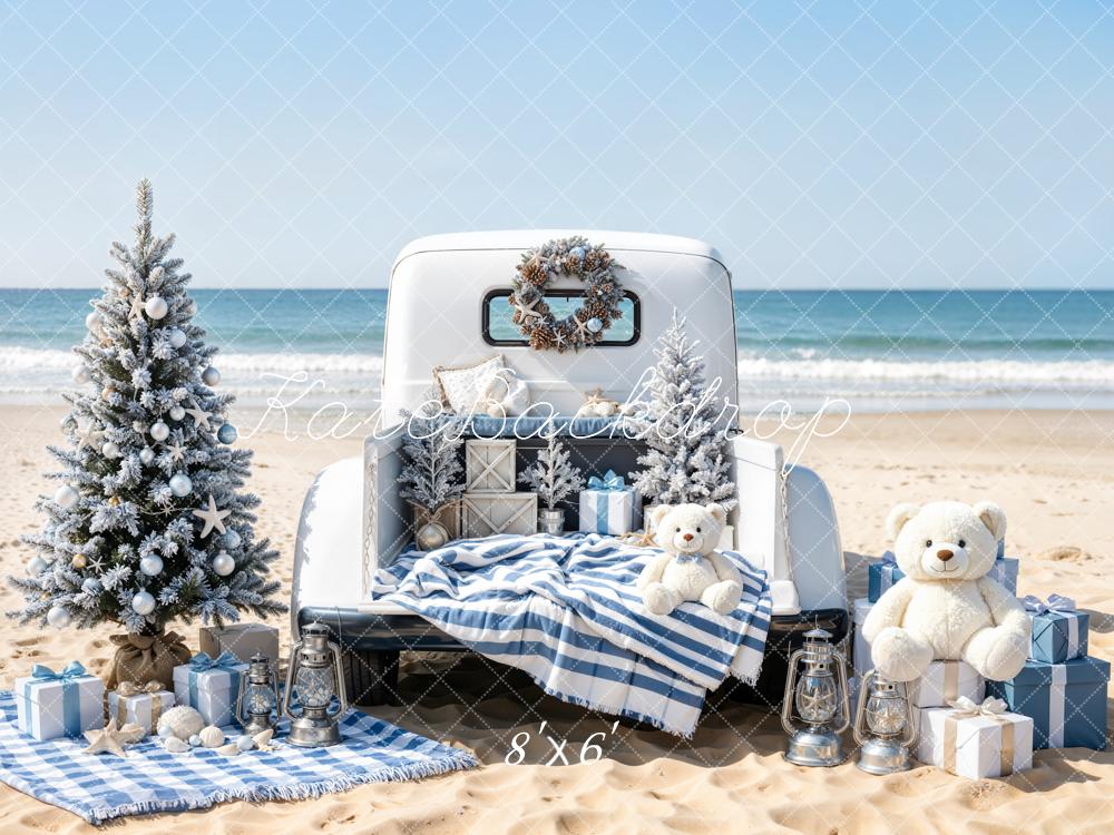 Kate Christmas Beach Truck Teddy Bears Gifts Printed Backdrop Designed by Emetselch