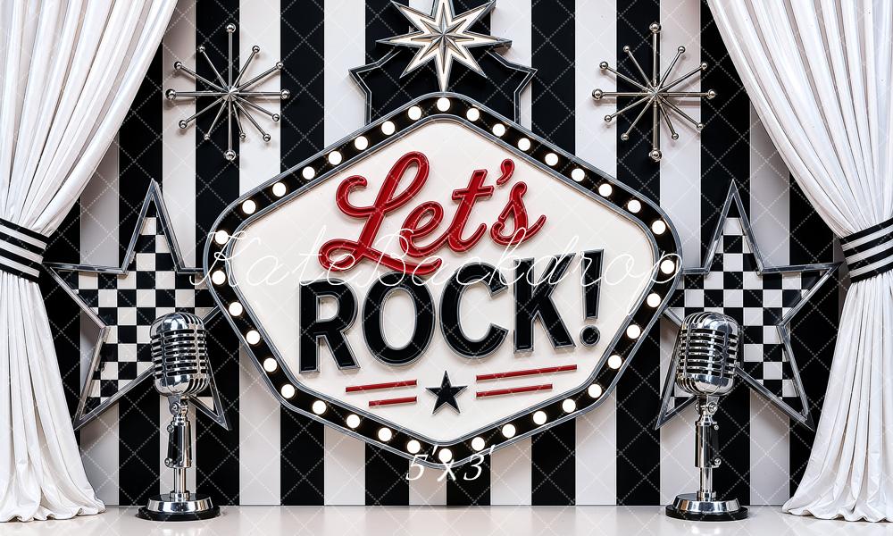 Kate Retro Rock Stage Microphone Star Printed Black And White Striped Backdrop Printed Backdrop Designed by Ashley Ward