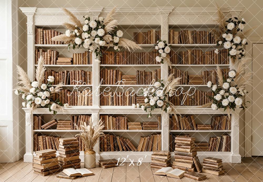 Kate Graduation Bookshelf Brown Books White Flowers Backdrop Designed by Emetselch